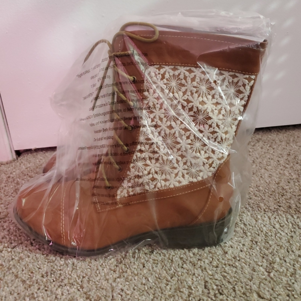 JustFab Brown Ankle Booties with White Lace Panel
